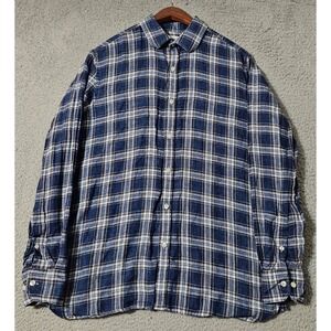 Baird McNutt Linen Shirt Men's Medium Murano Blue Button Down Checkered‎ Plaid